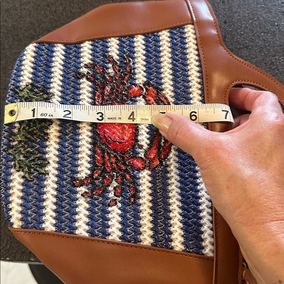 Ann Taylor Tan and Blue Striped Crossbody Bag with Crab Design - Picture 7 of 9